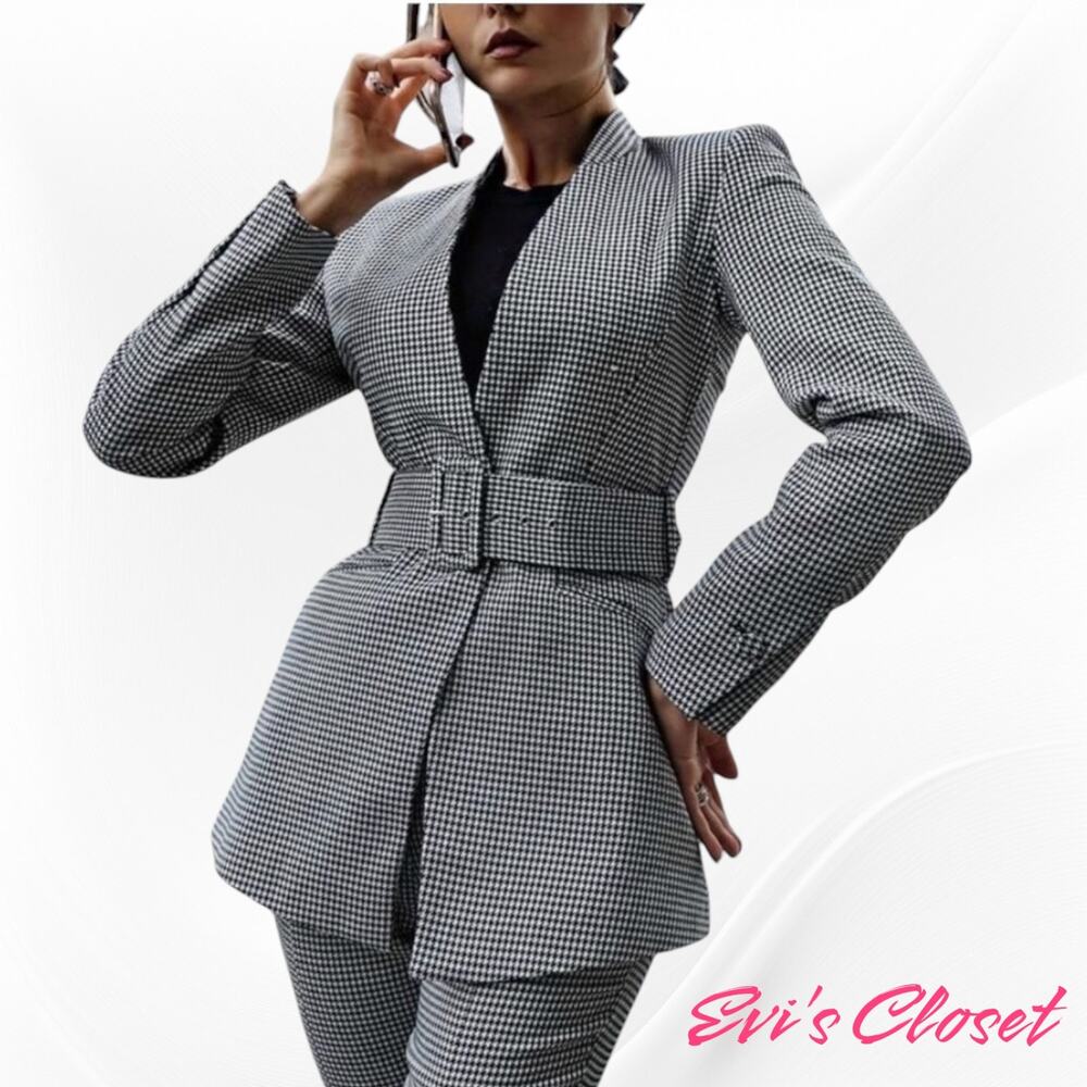 Zara Two Piece Women's Pant Suit Black White Houndstooth Sz M. Soft Material